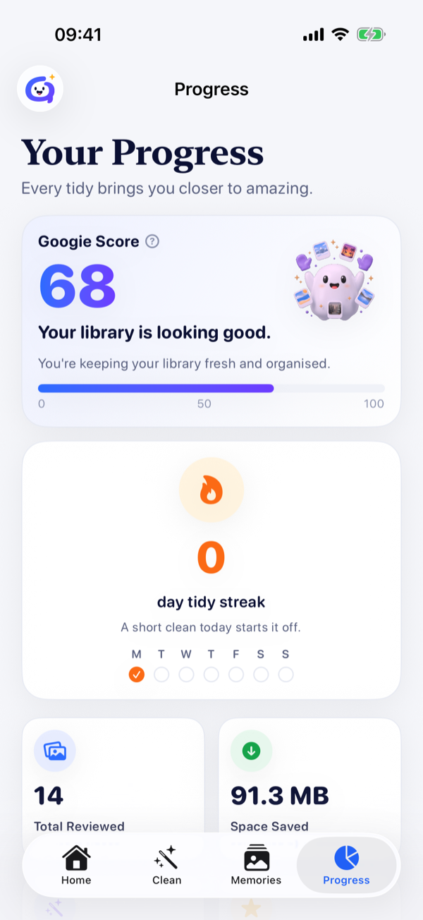 The progress dashboard showing the Googie Score, the tidy streak and lifetime totals