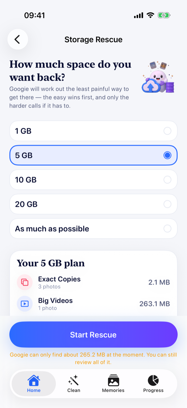 Storage Rescue showing a plan to free five gigabytes, broken down by exact copies, screenshots and big videos
